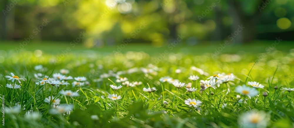 Sticker a close up side view of blooming common daisies bellis perennis on a green lawn with a blurred natur