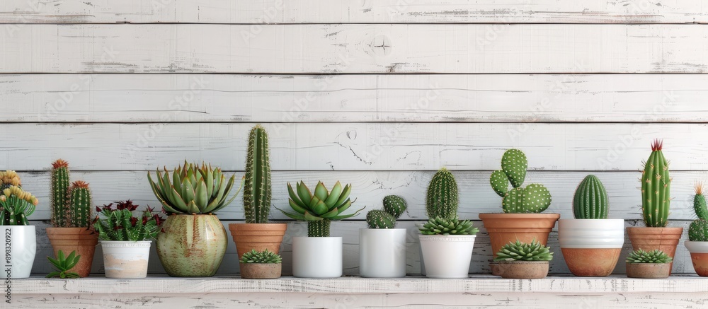 Poster An array of green cacti in flowerpots decorates a shelf against a white wooden wall creating a charming display with copy space image