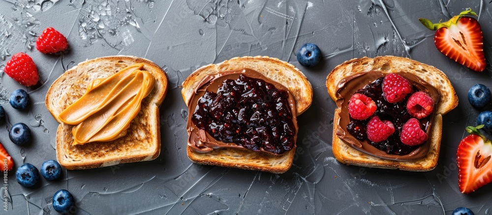 Poster Copy space image featuring chocolate butter peanut butter and berry jam topped toasts on a gray textured background