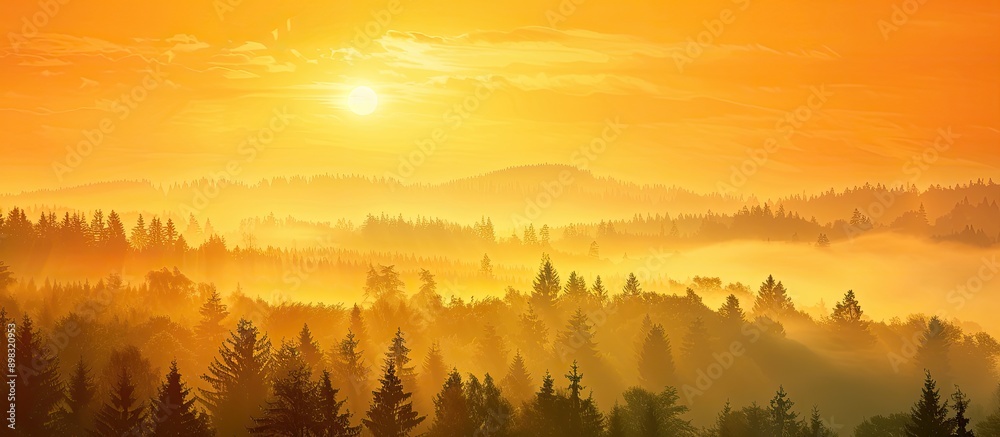 Poster altered sunrise sky with yellow orange color showing an amazing scenic view of a misty foggy landsca