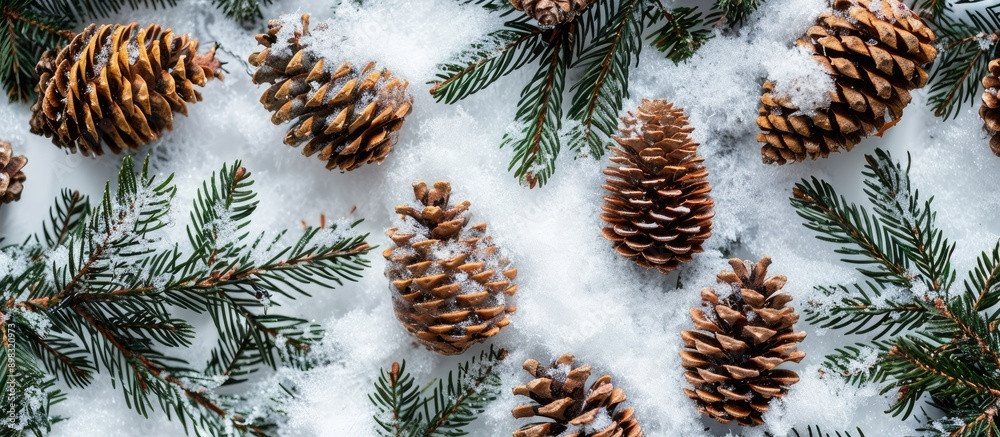 Aufkleber top down view of a christmas tree adorned with pine cones and twigs covered in snow providing an ide