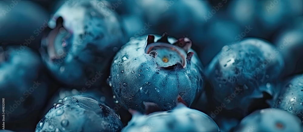 Poster Close up photo of vibrant blueberries with space for text set in a moody food image. Creative banner. Copyspace image