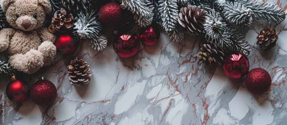 Poster christmas themed flat lay with a festive arrangement of pine cones red baubles and a teddy bear on a