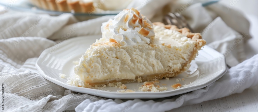 Poster coconut cream pie displayed on a white plate with a light cloth napkin underneath in a setting suita