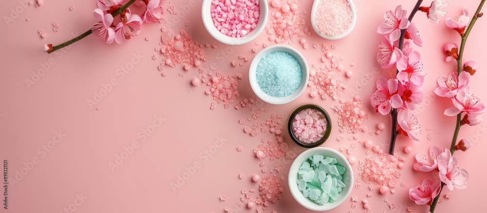 Poster top view composition on a pink background showcasing spa and beauty products with copy space for tex