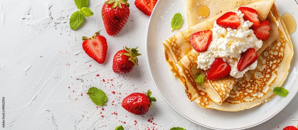 Poster top view of delicious crepes garnished with ricotta cheese and fresh strawberries showcased on a whi