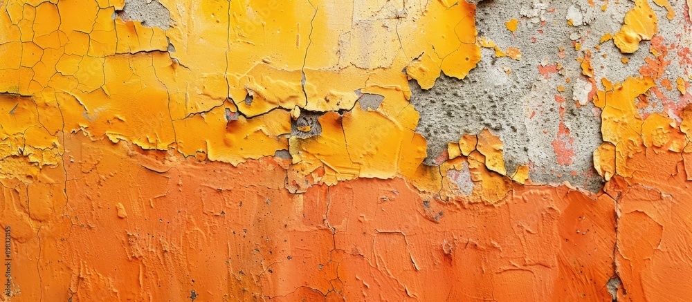 Poster aged rough concrete wall painted in vibrant orange and yellow hues with a weathered appearance and a