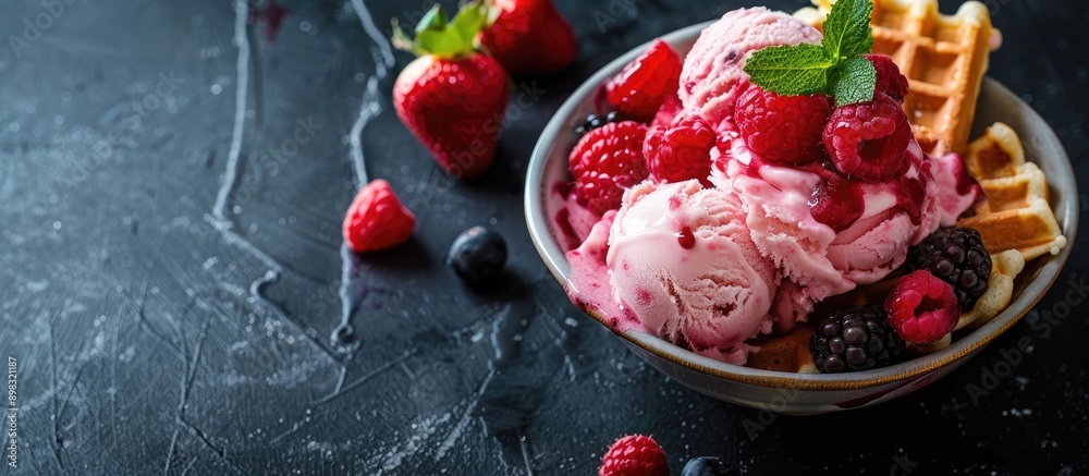 Poster Delicious red fruits topping ice cream and waffles on a dark stone backdrop with copy space image available for text