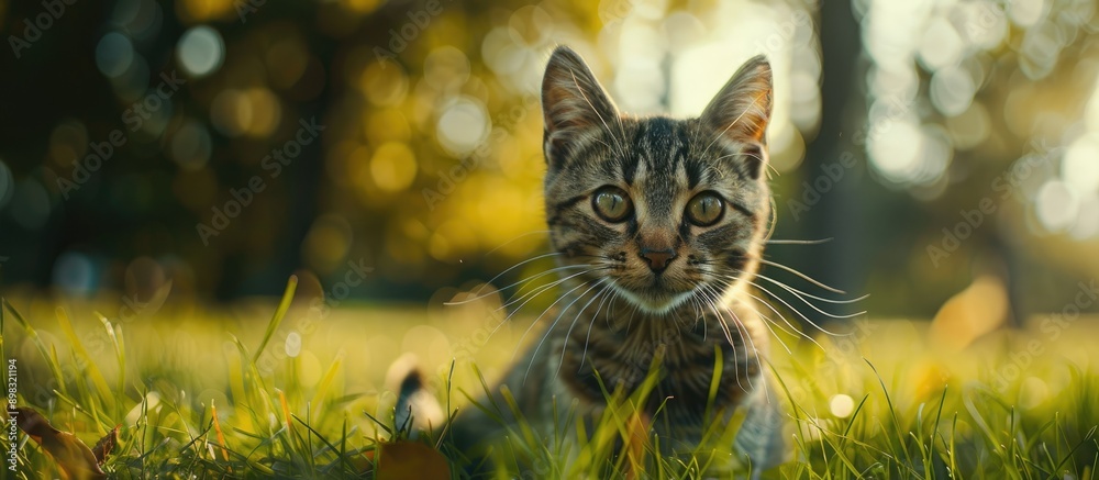 Poster A cat on green grass with a blurred backdrop gazing at the camera in a shot with ample copy space image