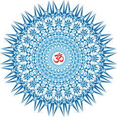 Openwork mandala in red and orange with the sign aum, om, ohm. Vector graphics art. Esoteric pictures.