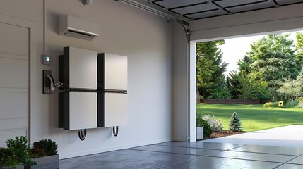 modern home energy storage system sleek battery packs mounted on garage wall represents sustainable living and energy independence clean design with cool techforward aesthetic