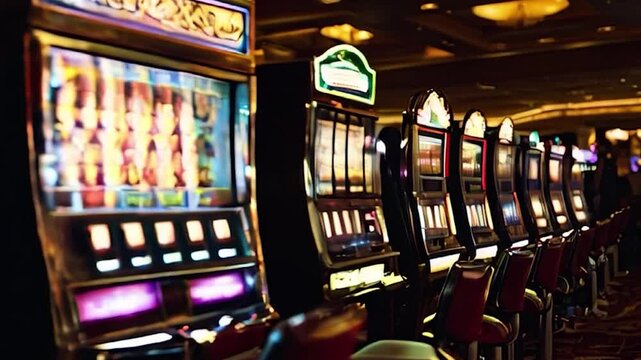 Row of Slot Machines in a Casino with Bright Lights and Colorful Displays