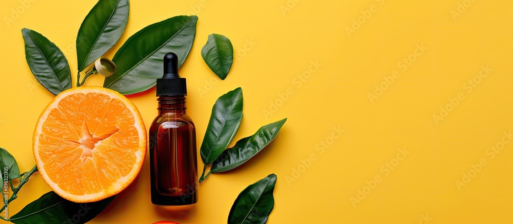 Poster citrus cosmetics enriched with vitamin c displayed in a bottle on a vibrant yellow backdrop with a f