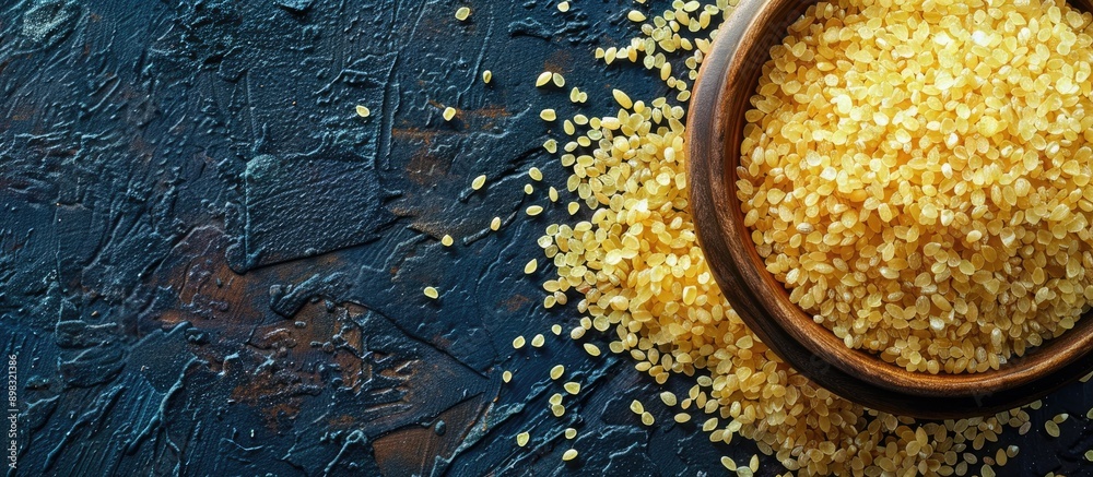 Poster Top view of crushed raw bulgur grain on a food background with copy space image perfect for a menu concept focused on organic healthy eating suitable for keto or paleo diets