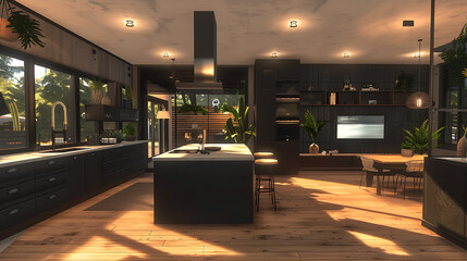 Interior of modern kitchen with black and white walls, wooden floor, gray sofa.