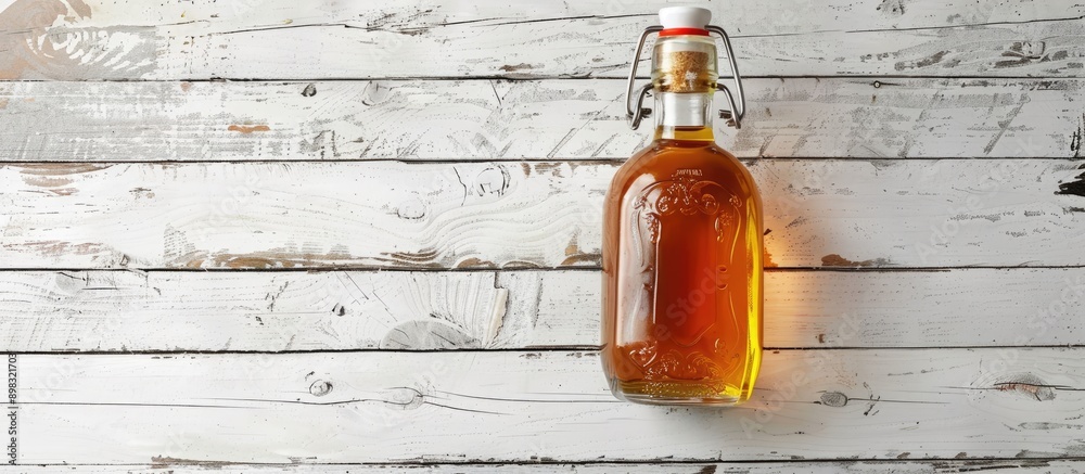 Poster Close up of a bottle of apple cider vinegar on a white wooden table with copy space image included
