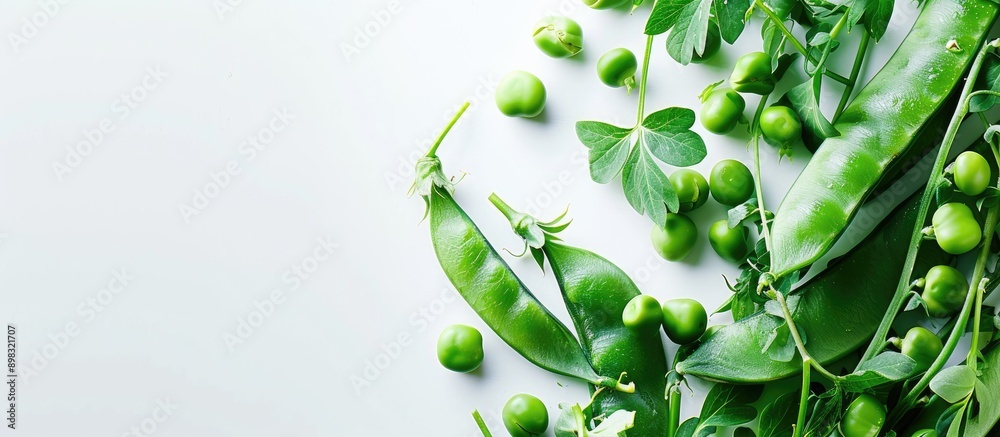 Poster close up of fresh green peas on a white background with copy space image available