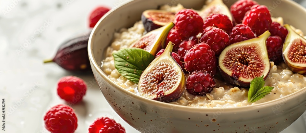 Poster a bowl with oatmeal porridge topped with fresh raspberries and figs set against a plain background f