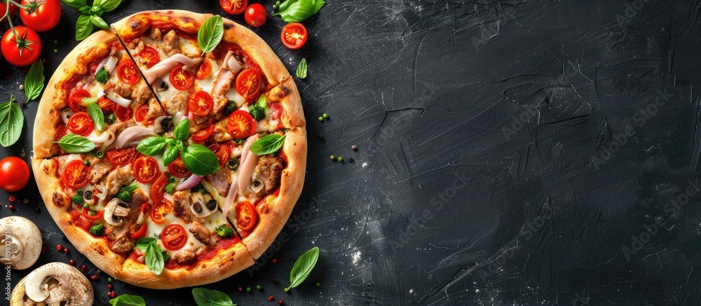 Poster Chicken and tomato pizza with fresh ingredients on display in a copy space image