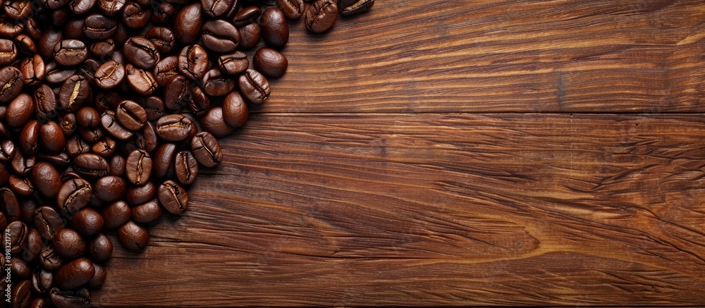Poster coffee beans roasted to a dark brown hue displayed beautifully on a wooden table with ample copy spa