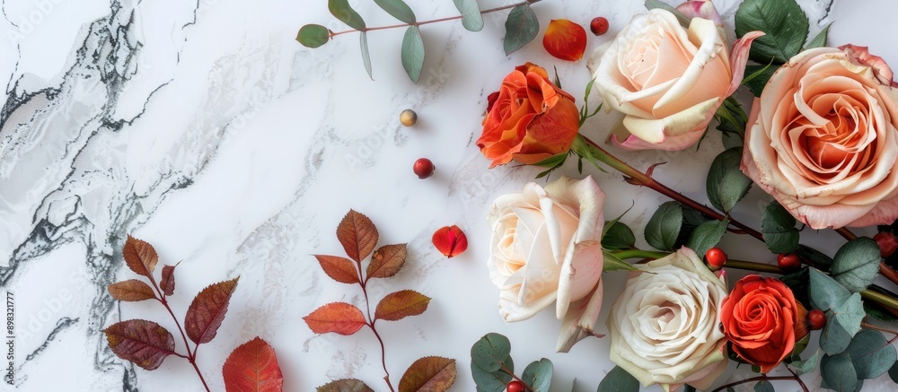 Aufkleber Copy space image featuring a flat lay top view of a composition crafted from roses and decorative elements within a frame