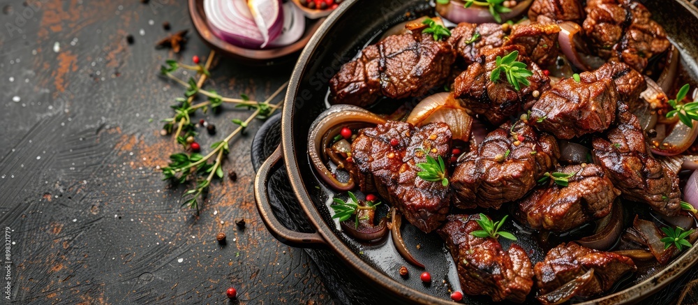 Aufkleber Beef steak with onions and spices sizzling in a pan on a rustic table with a copy space image promising a delectable lunch experience