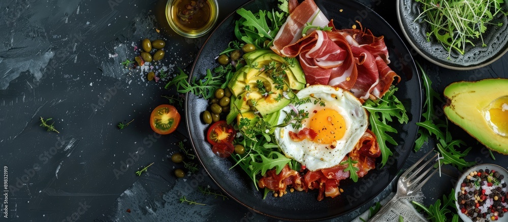 Poster top down view of a keto brunch spread featuring a fried egg prosciutto avocado and salad on a ketoge