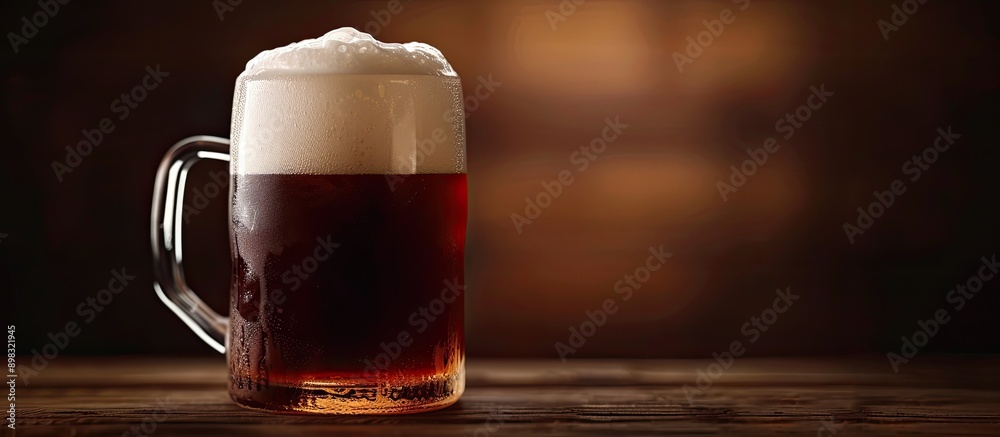 Poster A close up image of a dark beer mug with white foam against a dark background providing space for additional elements