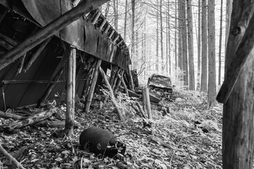朽ちた廃屋と廃車の風景