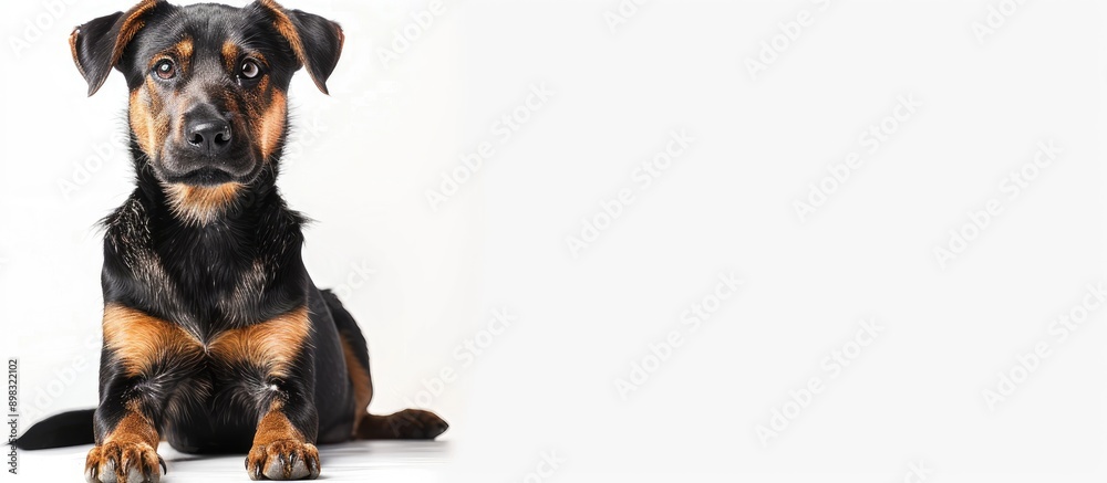Poster Dog of a specific breed shown in a photograph with empty space around it on a white background for a copy space image