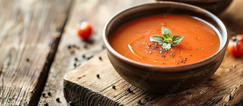 Poster close up of tomato soup on a wooden surface with copy space image