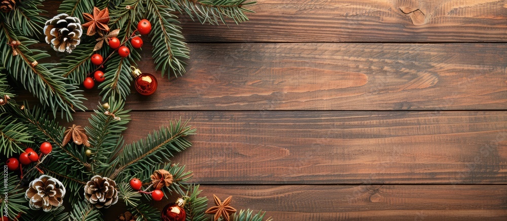 Fototapete Christmas greeting card with fir branch decorations and fir tree on a wooden background providing ample copy space for customization