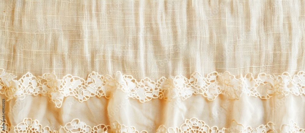 Aufkleber Bright fabric background with a border frame of lace ribbon on natural linen featuring a copy space image