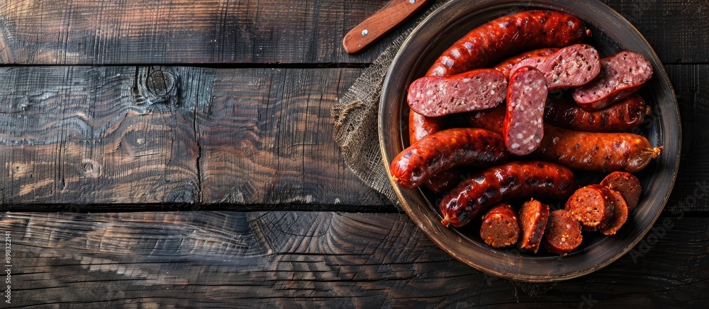 Sticker An assortment of smoked sausage made from pork and beef lies as an appetizing snack on a rustic tabletop with copy space perfect for a meal or food background