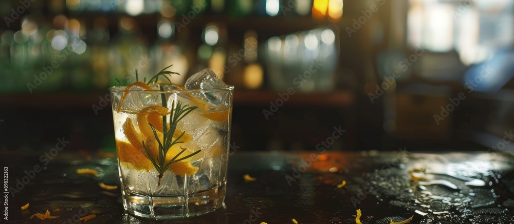 Poster Dark rustic style featuring a gin and tonic with ice lemon zest and rosemary ideal for a drink concept with ample copy space image