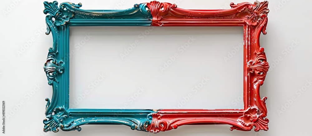 Aufkleber an antique styled picture frame in bright plastic colors stands alone on a white background ready fo