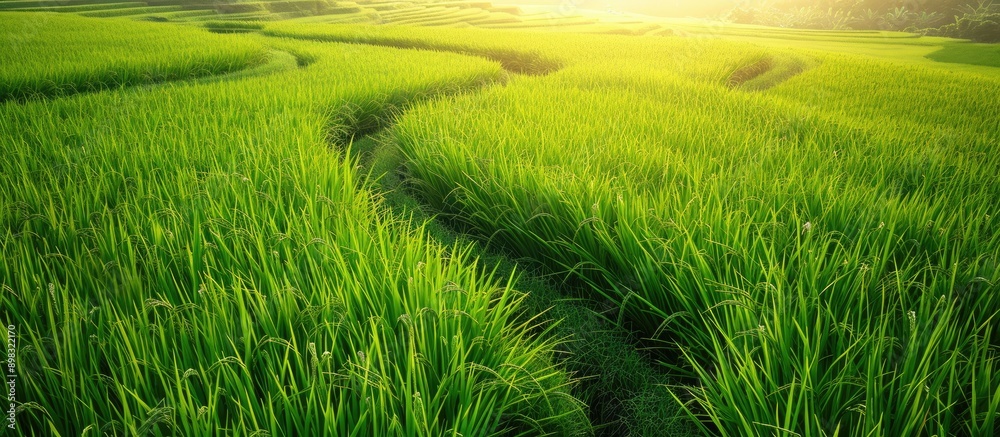 Poster Capture a detailed view of a lush green paddy rice field as a backdrop in the copy space image