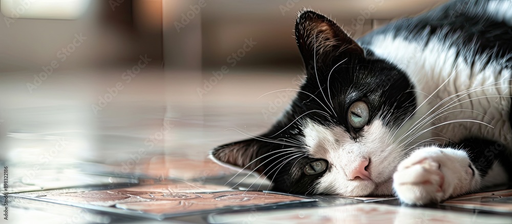 Poster Detailed close up image of a cat s black and white face resting on floor tiles with ample copy space image