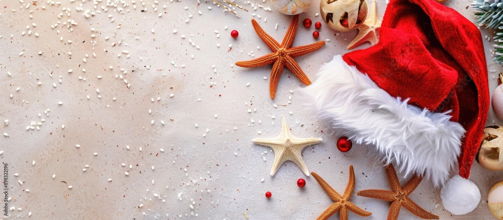 Poster christmas vacation themed flat lay with a santa hat and starfishes on sandy background inviting you 