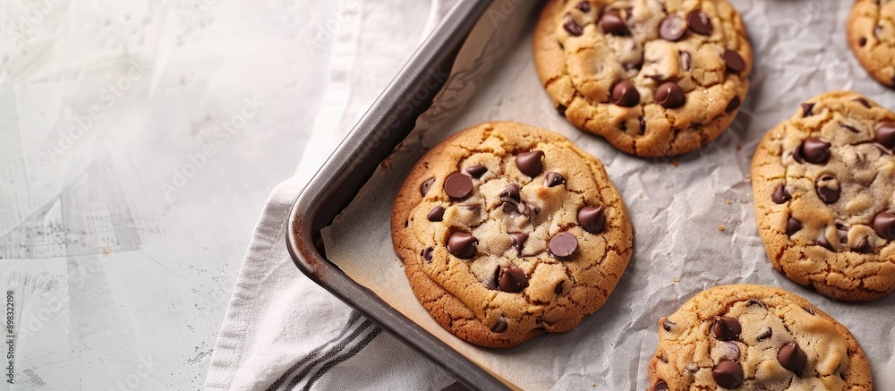 Poster Delicious chocolate chip cookies just out of the oven with a copy space image