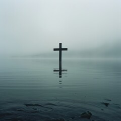 Solitary Cross Over Misty Water at Dawn