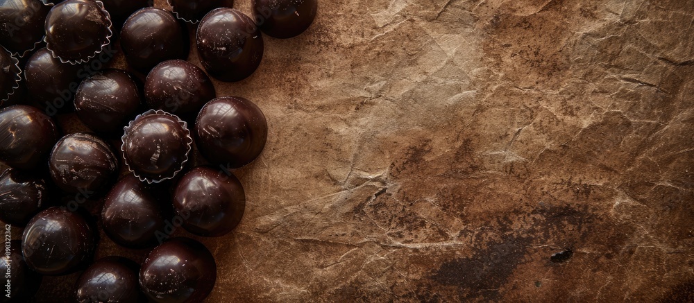 Aufkleber Dark chocolate candies filled with natural plum showcased in an antique paper like background with empty space for text or graphics. Creative banner. Copyspace image
