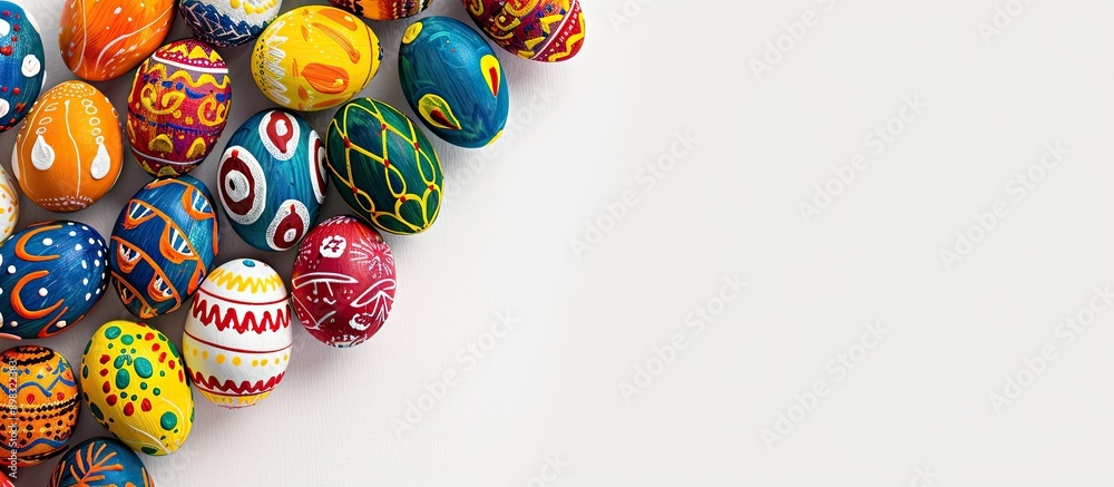 Aufkleber colorful handmade easter eggs displayed on a white background with a border frame corner providing c