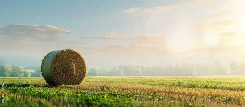 Poster countryside field at noon with a hay bale in daylight includes copy space image