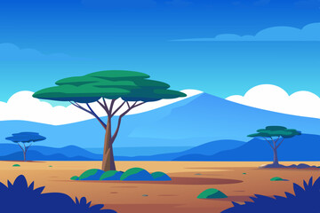 African savannah landscape with trees, rocks, and open grassland under a clear blue sky