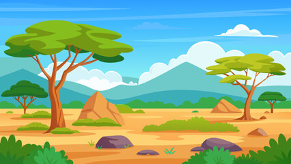 African savannah landscape with trees, rocks, and open grassland under a clear blue sky © Sumondesigner_42