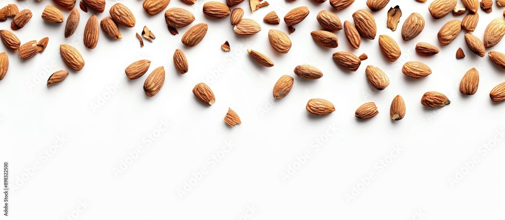 Poster Almond nuts creating a border against a white backdrop with the shadow removed in the clipping path image. Creative banner. Copyspace image