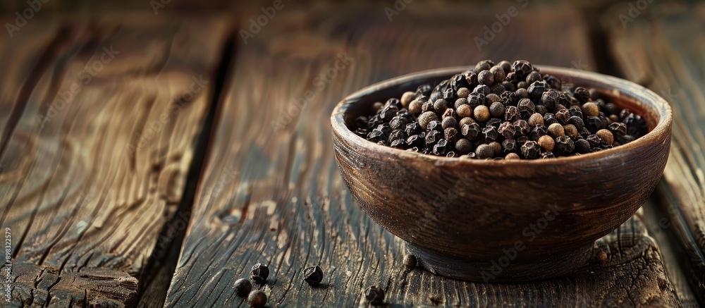 Poster clay bowl filled with black pepper on wooden backdrop with ample copy space image conveying notions 