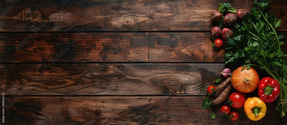 Poster Aerial view of fresh vegetables on a rustic wooden backdrop symbolizing a wholesome vegetarian diet with copy space for text or image