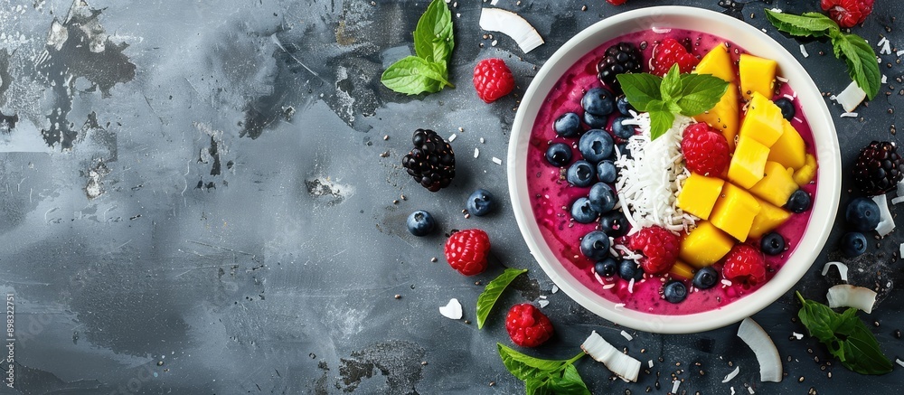 Poster Top view of a berry smoothie bowl with mango and coconut perfect for a copy space image
